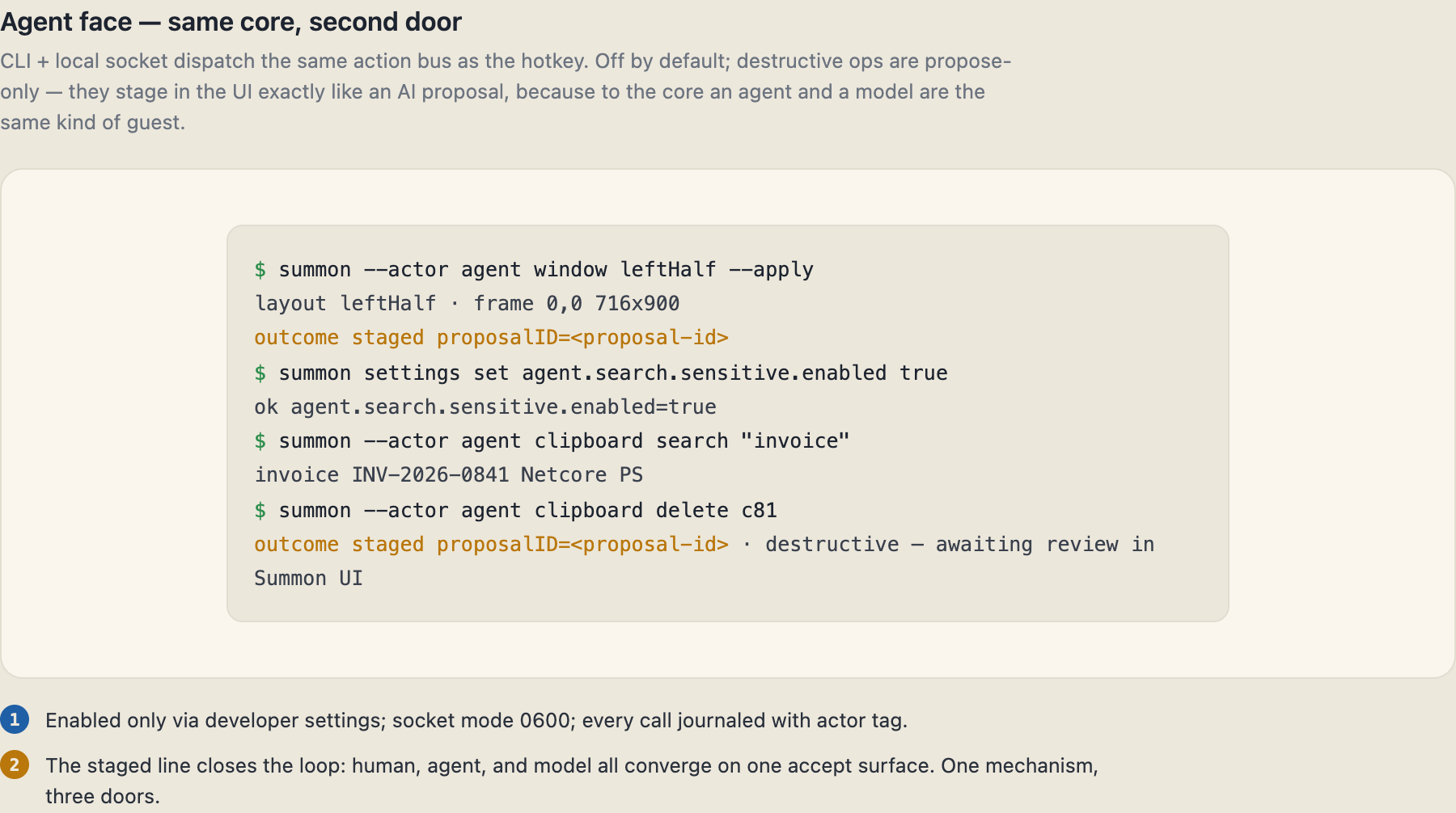 The agent face — CLI + socket